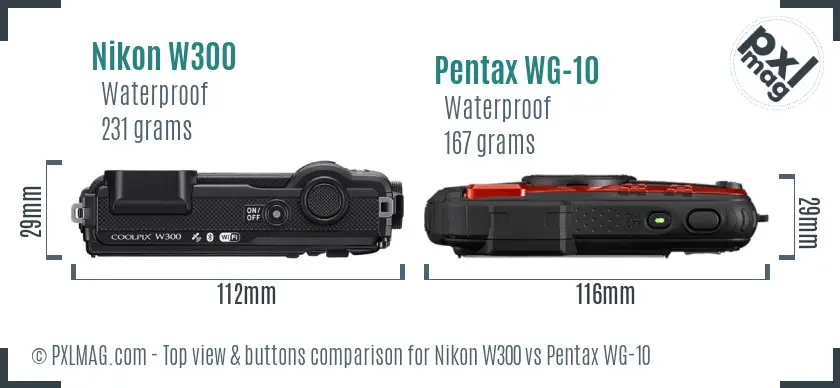 Nikon W300 vs Pentax WG-10 top view buttons comparison