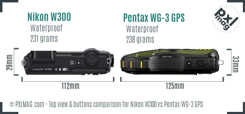 Nikon W300 vs Pentax WG-3 GPS top view buttons comparison