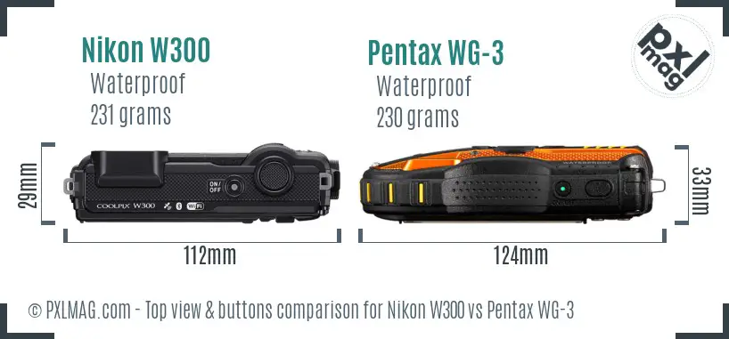 Nikon W300 vs Pentax WG-3 top view buttons comparison