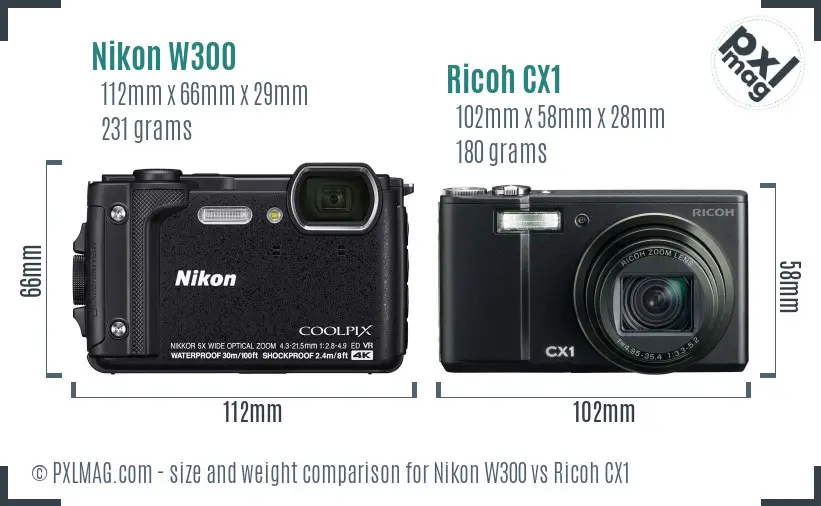 Nikon W300 vs Ricoh CX1 size comparison