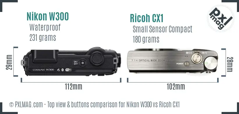 Nikon W300 vs Ricoh CX1 top view buttons comparison