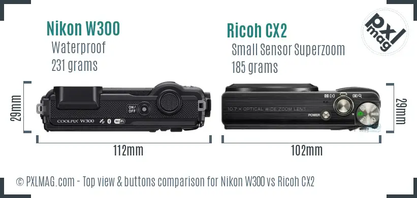 Nikon W300 vs Ricoh CX2 top view buttons comparison Nikon W300 vs Ricoh CX2 top view buttons comparison