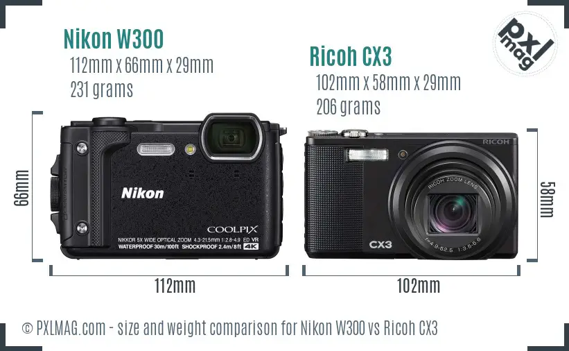 Nikon W300 vs Ricoh CX3 size comparison