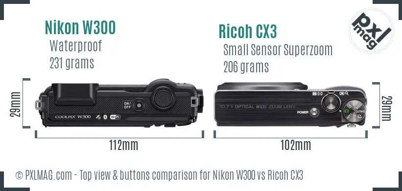 Nikon W300 vs Ricoh CX3 top view buttons comparison