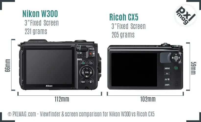 Nikon W300 vs Ricoh CX5 Screen and Viewfinder comparison