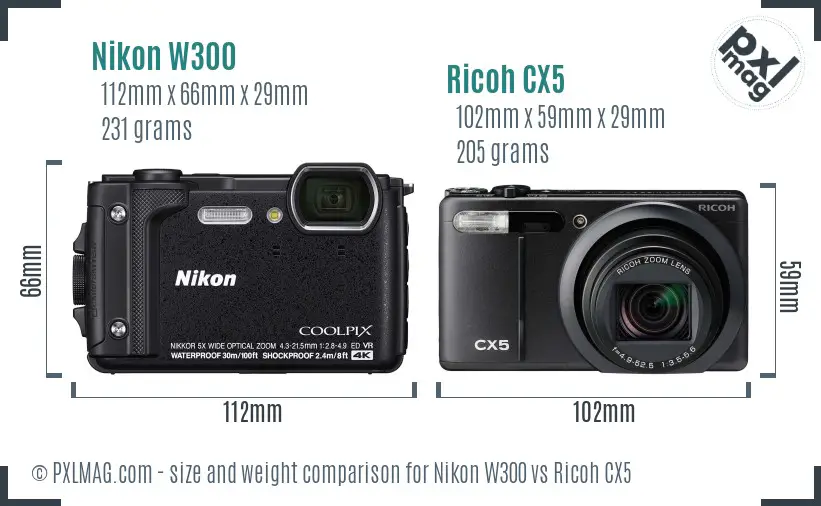 Nikon W300 vs Ricoh CX5 size comparison