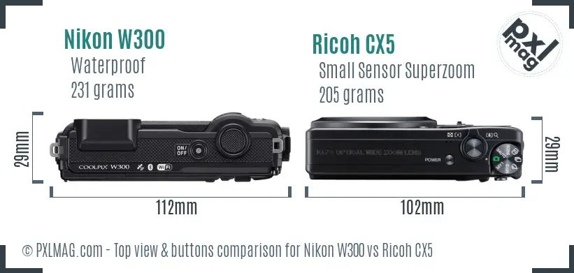 Nikon W300 vs Ricoh CX5 top view buttons comparison
