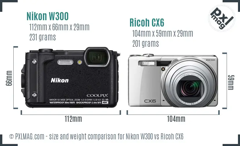 Nikon W300 vs Ricoh CX6 size comparison