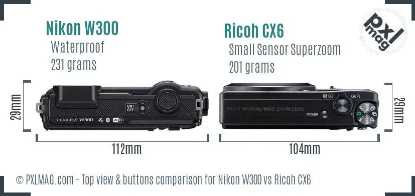 Nikon W300 vs Ricoh CX6 top view buttons comparison