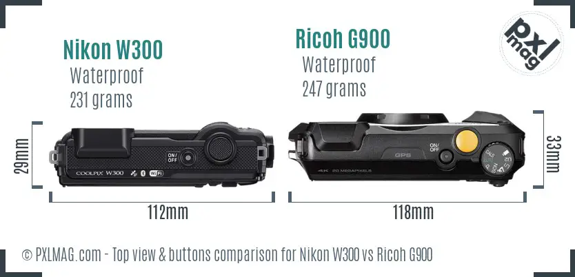 Nikon W300 vs Ricoh G900 top view buttons comparison