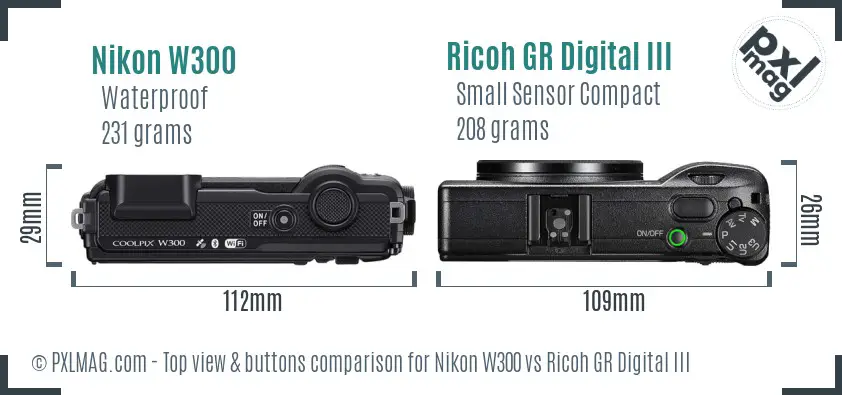 Nikon W300 vs Ricoh GR Digital III top view buttons comparison Nikon W300 vs Ricoh GR Digital III top view buttons comparison