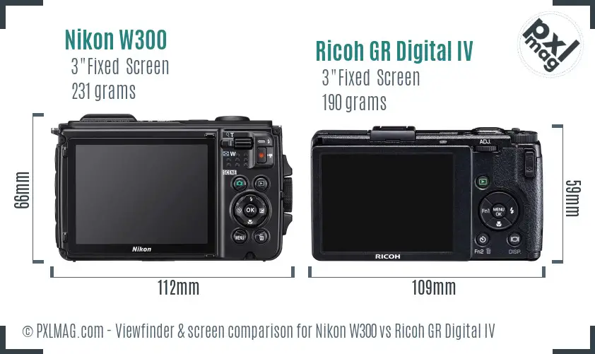 Nikon W300 vs Ricoh GR Digital IV Screen and Viewfinder comparison