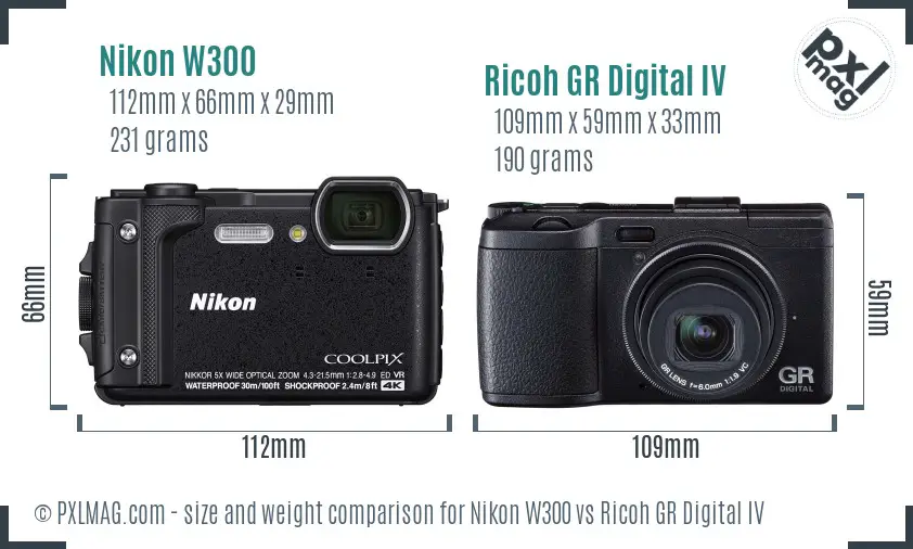 Nikon W300 vs Ricoh GR Digital IV size comparison