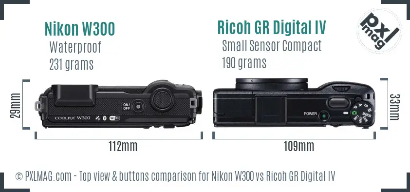 Nikon W300 vs Ricoh GR Digital IV top view buttons comparison