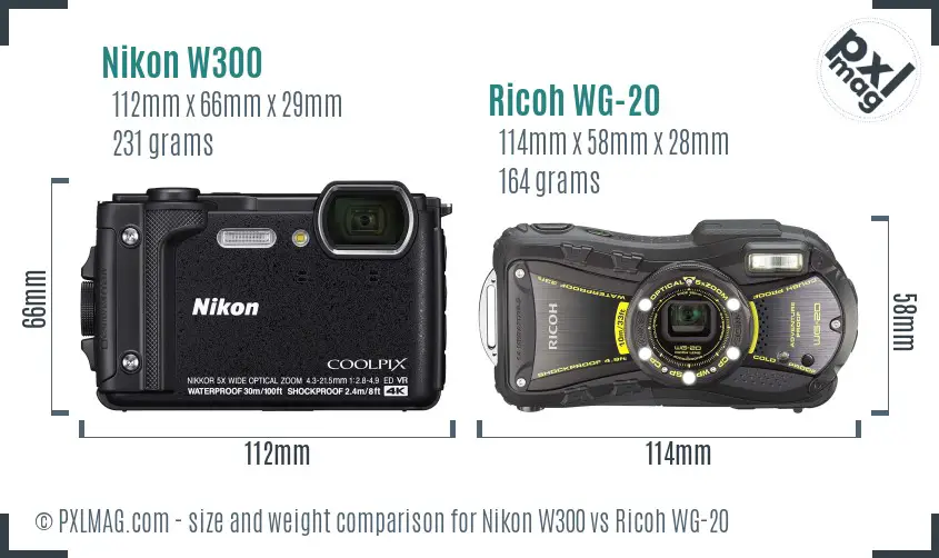 Nikon W300 vs Ricoh WG-20 size comparison