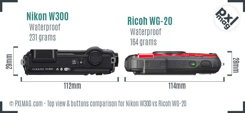 Nikon W300 vs Ricoh WG-20 top view buttons comparison