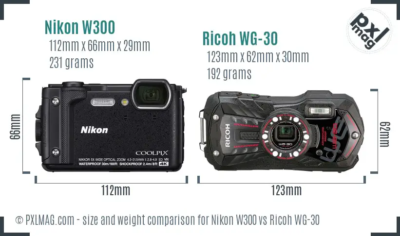 Nikon W300 vs Ricoh WG-30 size comparison