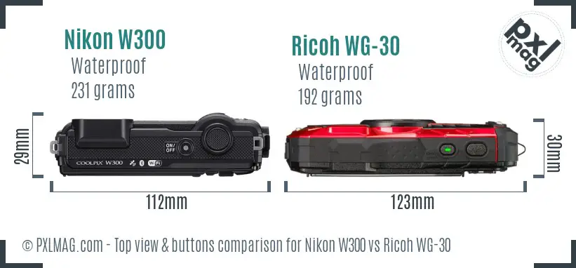 Nikon W300 vs Ricoh WG-30 top view buttons comparison