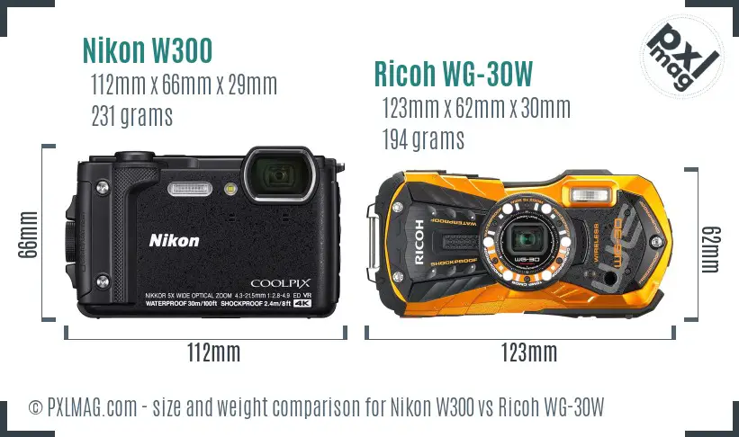 Nikon W300 vs Ricoh WG-30W size comparison