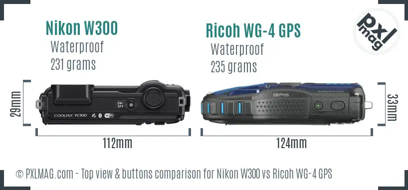 Nikon W300 vs Ricoh WG-4 GPS top view buttons comparison
