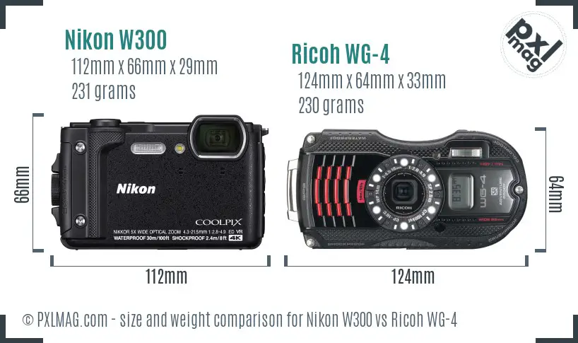 Nikon W300 vs Ricoh WG-4 size comparison