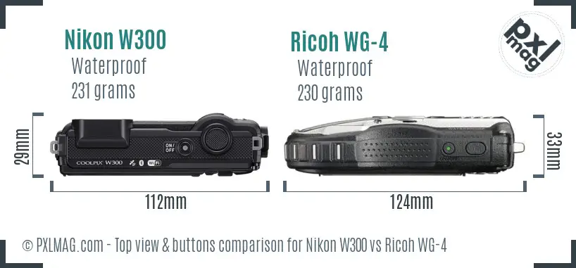 Nikon W300 vs Ricoh WG-4 top view buttons comparison