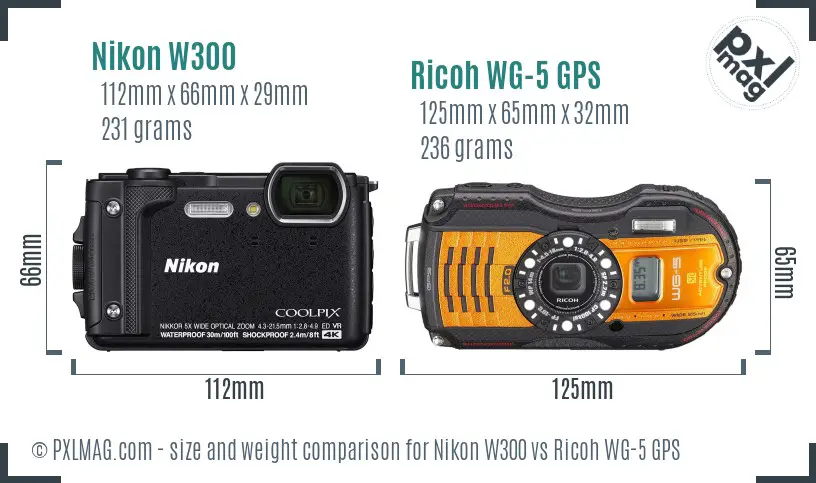 Nikon W300 vs Ricoh WG-5 GPS size comparison
