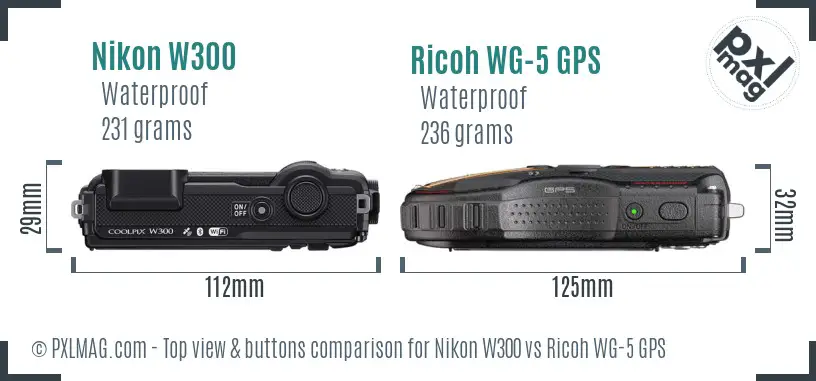 Nikon W300 vs Ricoh WG-5 GPS top view buttons comparison