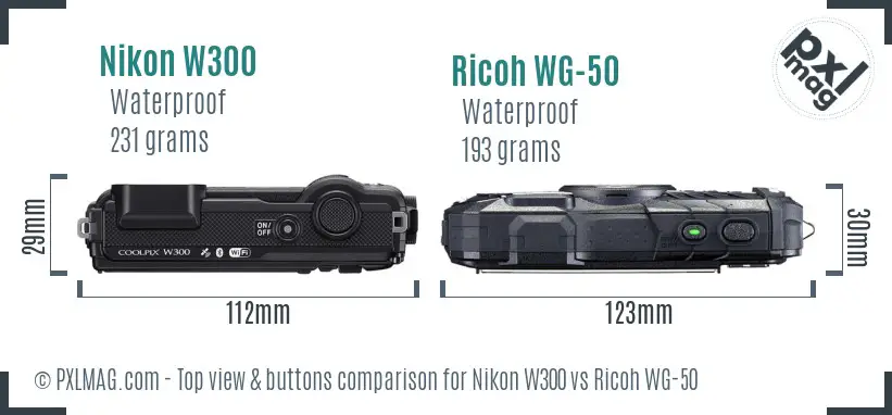 Nikon W300 vs Ricoh WG-50 top view buttons comparison