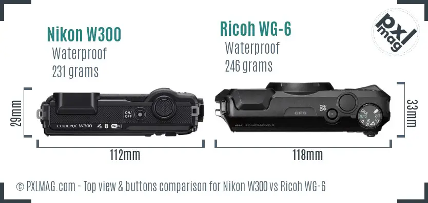 Nikon W300 vs Ricoh WG-6 top view buttons comparison