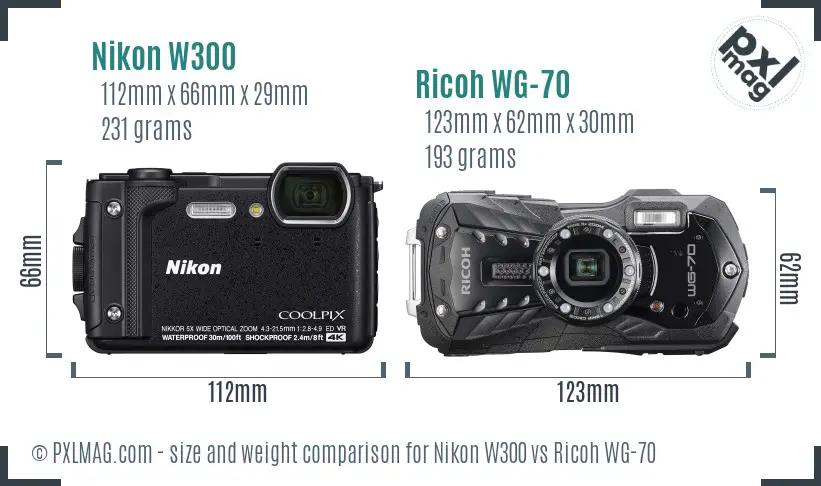 Nikon W300 vs Ricoh WG-70 size comparison