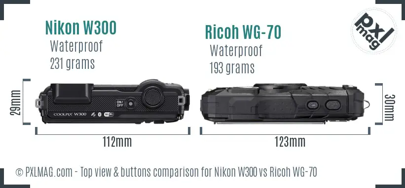 Nikon W300 vs Ricoh WG-70 top view buttons comparison