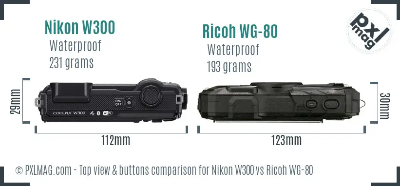 Nikon W300 vs Ricoh WG-80 top view buttons comparison