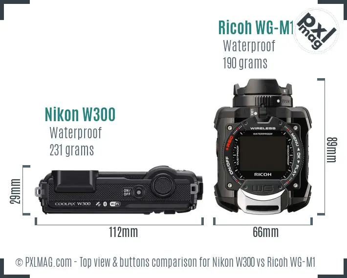Nikon W300 vs Ricoh WG-M1 top view buttons comparison