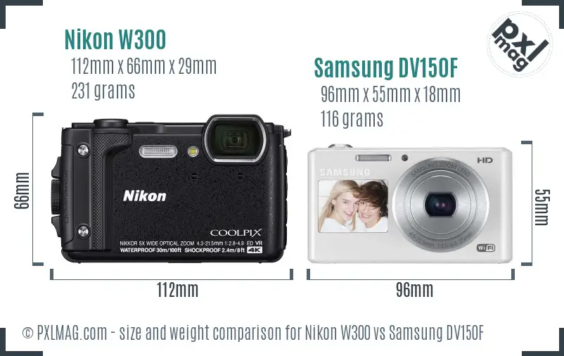 Nikon W300 vs Samsung DV150F size comparison