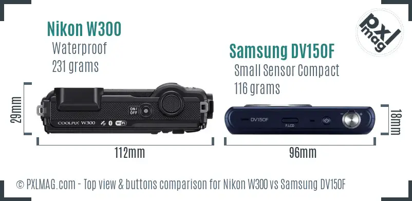 Nikon W300 vs Samsung DV150F top view buttons comparison
