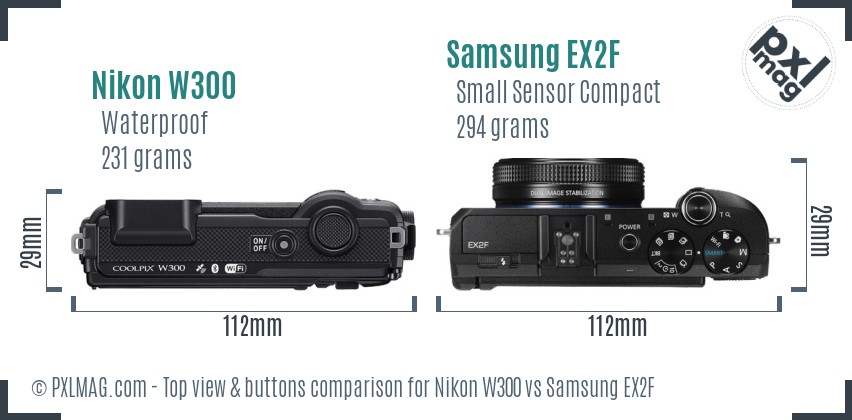 Nikon W300 vs Samsung EX2F top view buttons comparison