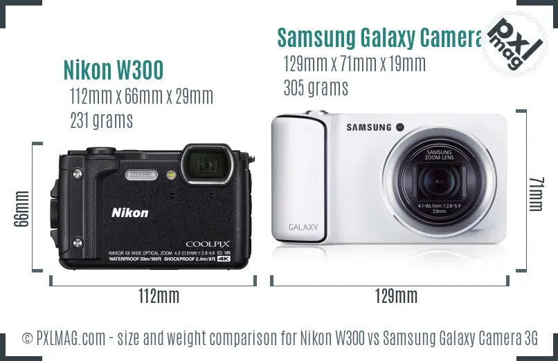 Nikon W300 vs Samsung Galaxy Camera 3G size comparison