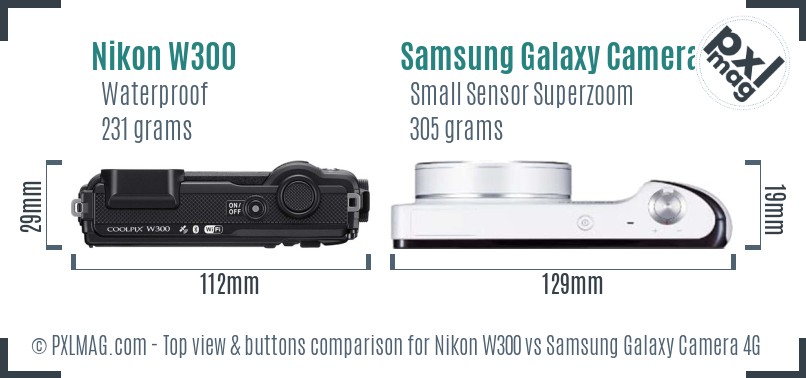Nikon W300 vs Samsung Galaxy Camera 4G top view buttons comparison