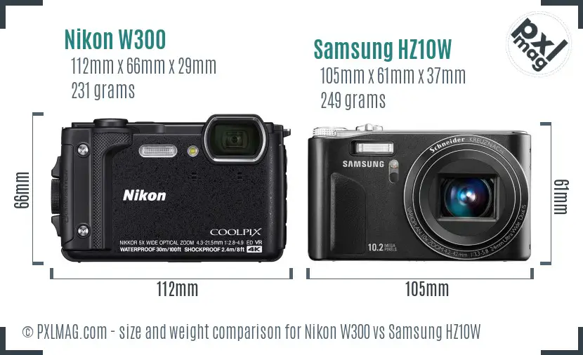 Nikon W300 vs Samsung HZ10W size comparison