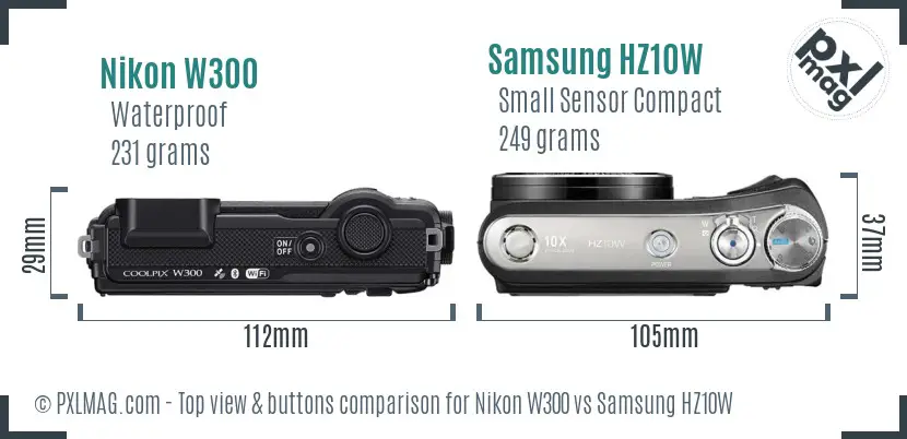 Nikon W300 vs Samsung HZ10W top view buttons comparison