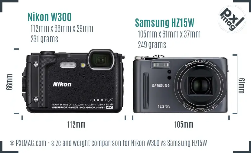 Nikon W300 vs Samsung HZ15W size comparison