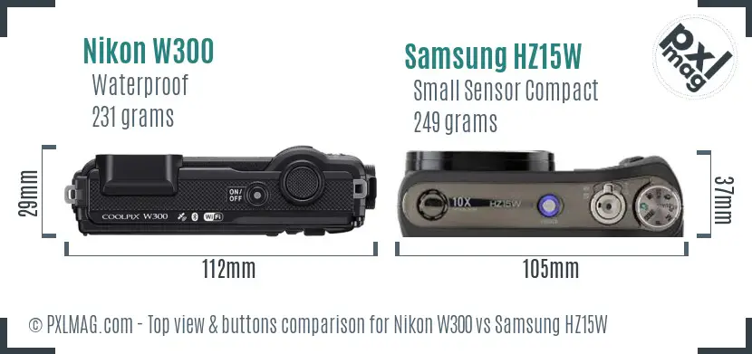 Nikon W300 vs Samsung HZ15W top view buttons comparison