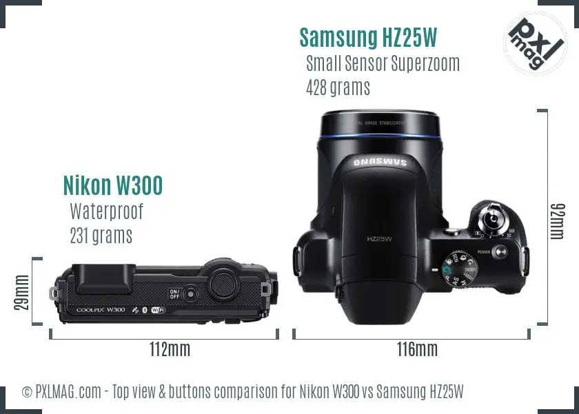 Nikon W300 vs Samsung HZ25W top view buttons comparison