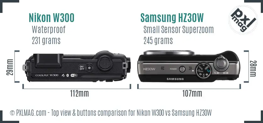Nikon W300 vs Samsung HZ30W top view buttons comparison Nikon W300 vs Samsung HZ30W top view buttons comparison