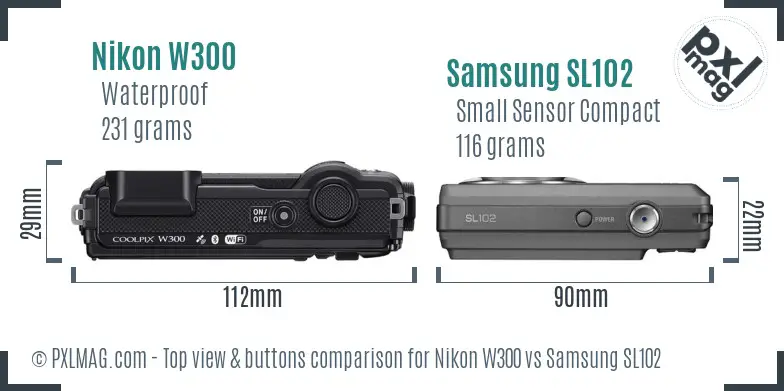Nikon W300 vs Samsung SL102 top view buttons comparison