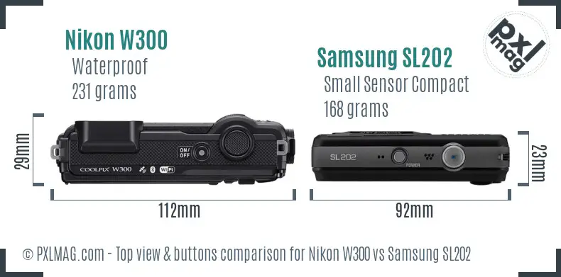 Nikon W300 vs Samsung SL202 top view buttons comparison