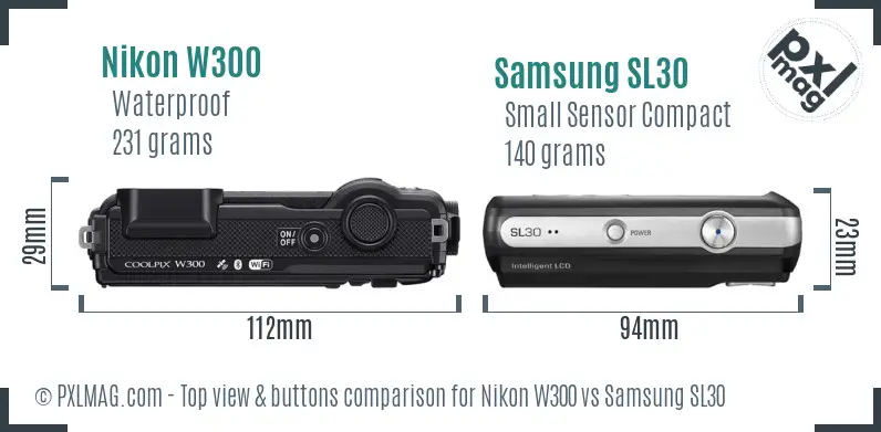 Nikon W300 vs Samsung SL30 top view buttons comparison