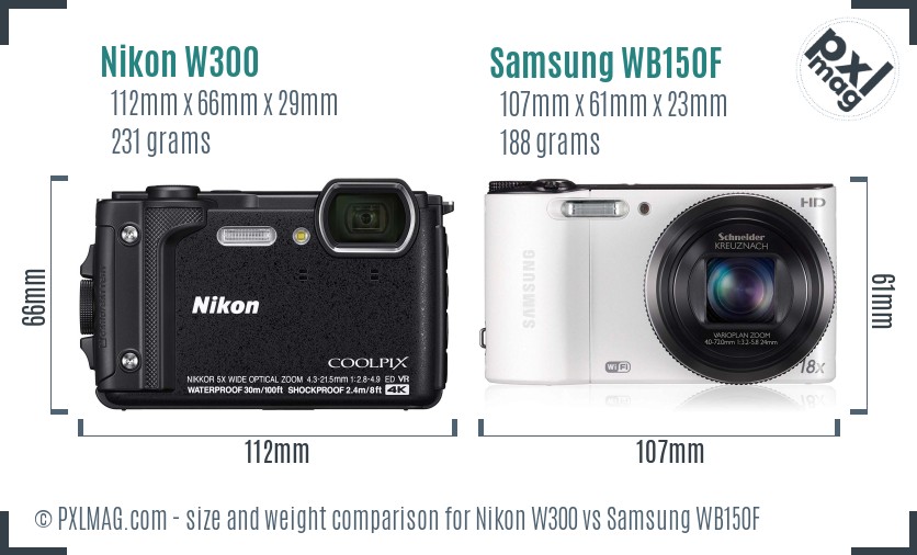 Nikon W300 vs Samsung WB150F size comparison