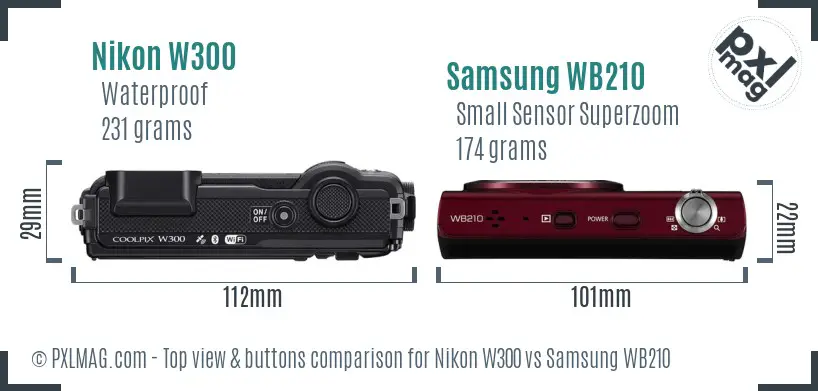Nikon W300 vs Samsung WB210 top view buttons comparison Nikon W300 vs Samsung WB210 top view buttons comparison